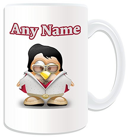 Personalisierbares Geschenk – Große Tasse mit Elvis Presley (Pinguin-Kostüm-Design, weiß) mit Namensnachricht, einzigartiger Stern, lustige Neuheit, Super Singer, King Pop Dancer, Schauspieler,