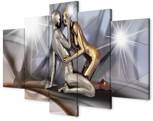B&D XXL - Wandbilder XXL Figuren 200x100cm 5 tlg - Wand Deko Leinwand Bilder Groß Wanddeko Wohnzimmer Schlafzimmer Kunstdrucke - Kuss Gestalten silber h-A-0019-b-m