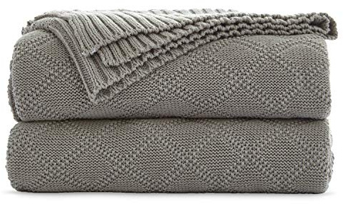 Cable Knit Cotton Gray Throw Blanket for Couch Sofa Beach Chair Bed Home Decorative Soft Warm Cozy Knitted Blankets ，Grey 50 x 60 Inch Gift a Washing Bag