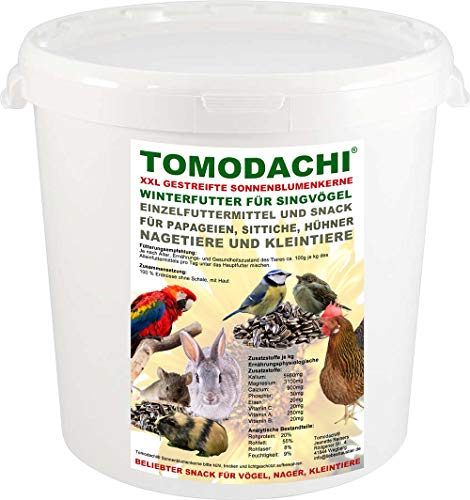Hühnerfutter, Sonnenblumenkerne Huhn, extragroß, Hühnerbelohnung, Hühnersnack, Hühnerdelikatesse, Vogelfutter, Ergänzungsfutter Huhn, Tomodachi® Sonnenblumenkerne gestreift XXL, 1kg Eimer