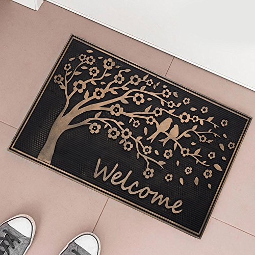BAKAJI Tapis Paillasson en caoutchouc, arbre de vie, chiffre en relief, 75 x 45 cm, noir, cuivre, pour entrée extérieure, maison de jardin