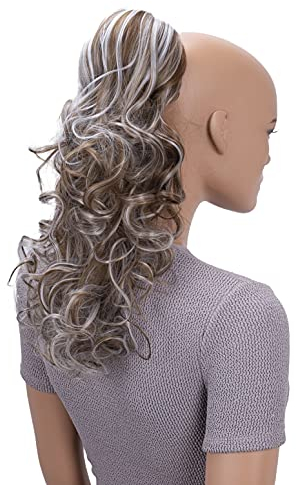 CAISHA 45cm Lang Haarteil Zopf Pferdeschwanz Haarverlängerung Mit Kordelverschluss Voluminös Gelockt Hellbraun Grau Mix PH37