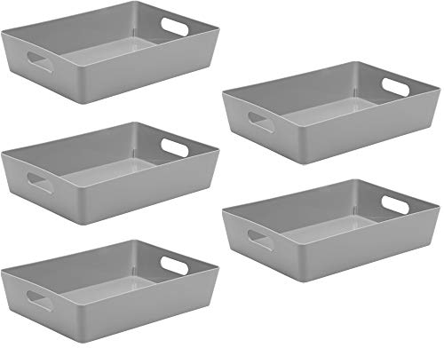 Wham Studio 5.01 Cool Grey Plastic Storage Baskets, Office Home & Kitchen Tidy Organiser 35 x 26 x 8.5cm (5 Baskets)