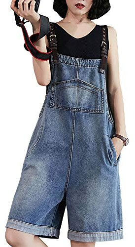 Shengwan Salopette Donna Jeans Corta Gambe Larghe Pantaloncini Dungarees Denim Overall Jumpsuit con Tasche Blu L