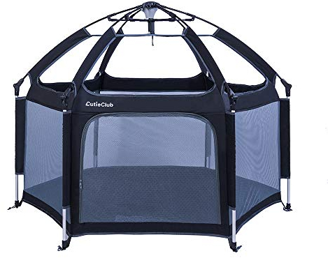 CutieClub Laufstall Baby Faltbar mit Matratze - Klappbar Laufgitter für Babys und Kinder, 6 Eckig Playpen mit Anti-UV-Überdachung für Drinnen und Draußen (Schwarz)