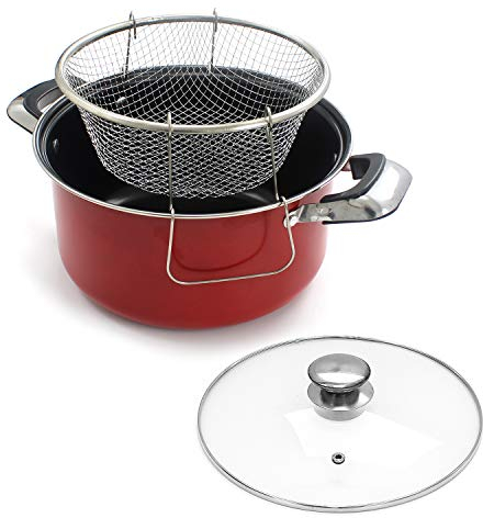 24cm Deep Fat Fryer Non Stick Chip Pan Casserole Pot Fry Frying Basket Glass Lid