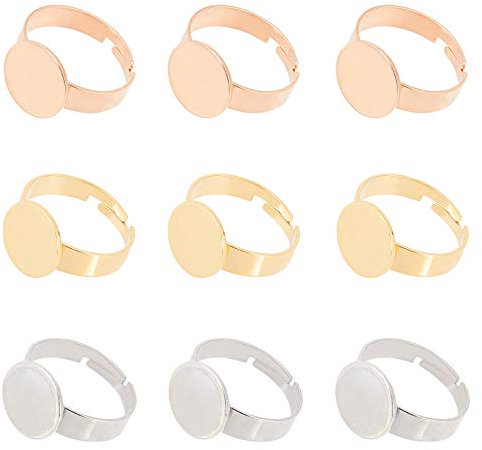 UNICRAFTALE 12Stk 3 Farben 12mm Verstellbare Fingerringe Rohlinge Edelstahl Cabochon Fingerringe Komponenten Pad Ring Basis Flache Runde Ringrohlinge Für Fingerring Schmuckherstellung
