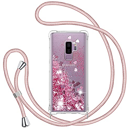 TUUT Handyband für Samsung Galaxy S9 Plus/S9+ Hülle mit Band, Glitzer Treibsand Handyhülle mit Kordel zum Umhängen Transparent Stoßfest Schutzhülle mit Kette Schnur, Quicksand Necklace Case in Rosa