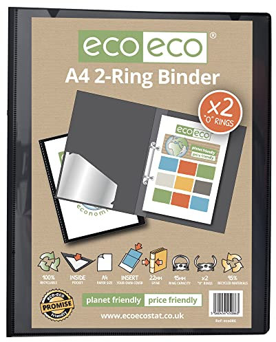 eco-eco A4 95% Recycled Presentation 22mm Spine 2 Ring Binder Black, eco086
