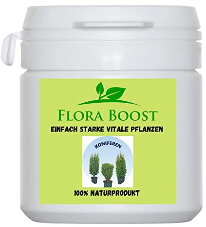 Flora Boost Koniferen Dünger Flora Boost 100g I Für bis zu 100L Gießwasser I Dünger in Pulverform I Für Koniferen, Tannen & Thujen geeignet I Blatt- & Wurzeldünger I 100% natürlicher Pflanzendünger