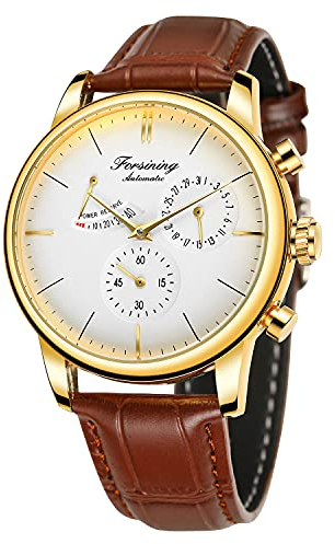 FORSINING Herren-Automatikuhr, Gangreserve, Datumsanzeige, modische mechanische Armbanduhr, Weiß und Braun, Automatikuhr, mechanisch, selbstaufziehend
