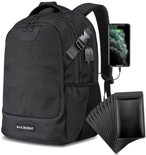 INNOSCENT 100% Smell Proof No Odor Backpack Bag With COMBINATION LOCK, For Men/Women USB & Headphone Port, Black, XL, Traveling, Storage