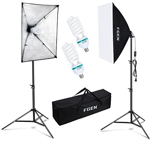 FGen Softbox Fotostudio Set, Fotolicht 2x50x70cm Beleuchtung für Fotostudios mit E27 Sockel 135W 5500K Fotolampe und 2M verstellbare Lichtstative für Studio-Porträts, Produktfotografie