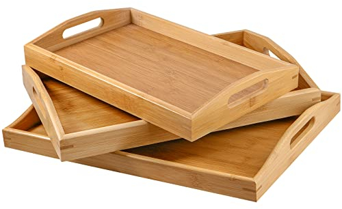 MANCHAP 3 Pack Bamboo Wooden Serving Platter Tray Set, 3 Sizes Rectangular Wood Butler Trays with Handles for Breakfast, Tea, Coffee, Eating