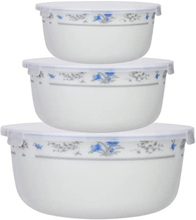 TriStar Enterprises Glass Bowls with Lids White Set of 3 Opal Glass Serving Storage Bowl Nesting Salad Food Stackable for Meal Prep Leftovers Baking Cooking Kitchen,(Blue Floral)