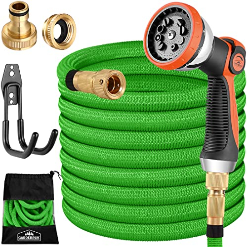 GARDEBRUK® Flexibler Gartenschlauch 22m 3fach Latexkern Vollmessing Adapter 1/2' 3/4' Zoll Wandhalterung Tasche Flexschlauch Wasserschlauch Grün