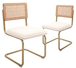 CangLong Lot de 2 chaises de salle à manger, élégante chaise de cuisine à dossier en osier avec pieds en métal doré, chaises confortables avec coussins molletonnés pour salon, salle à manger, beige