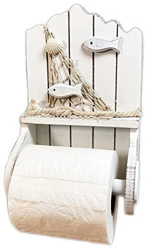 Nautical Toilet Roll Holder Wall Mounted Wooden Fish Net Bathroom Paper Storage