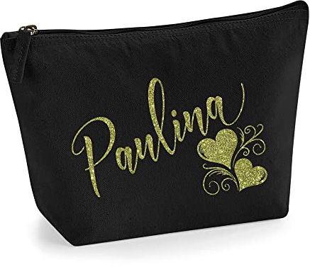 Personalisiert Name Initialen Herz Wirbel Kosmetiktasche Damen Schminktasche für Handtasche Makeup Tasche - Glitter oder Flocke Material Druck - Gold Glitter - L | Schwarz