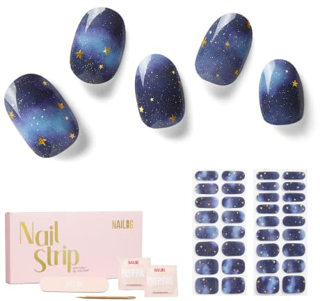 NAILOG Semi Cured Gel Nail Strips, 34 pcs Salon-Quality Gel Nail Stickers, Long Lasting Nail Wraps for Women with Soft Gel Finish, Starry Night