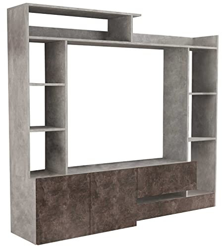 Parete attrezzata soggiorno mobile base porta tv zona living relax moderna con pensili e ripiani di colore Grigio effetto cemento e Grigio scuro effetto cemento mod. Entry