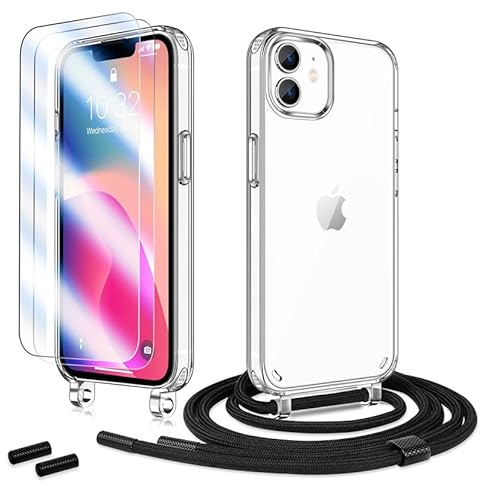 Anshow Handykette für iPhone 12 Mini Hülle mit Band + 2 Schutzfolie, Robust Necklace Extrem Stoßfest Handyhülle iPhone 12 Mini Case Transparent Schutzhülle zum Umhängeband Abnehmbar, Schwarz