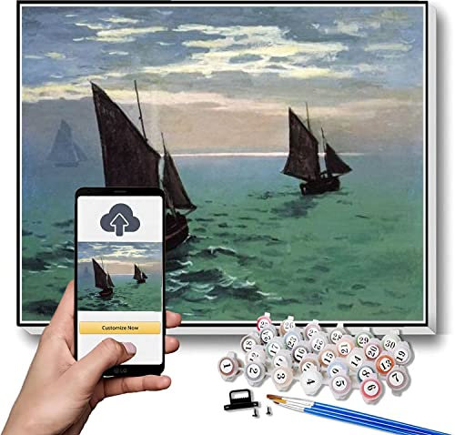 Kit de peinture par numéros pour adultes et enfants Bateaux de pêche en mer par Claude Monet Peinture par numéro sur toile pour débutants