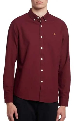 Farah - Men's Oxford Shirt, Brewer Slim Fit Organic Cotton, Long Sleeve, Casual or Work Shirt, Bordeaux, XXS
