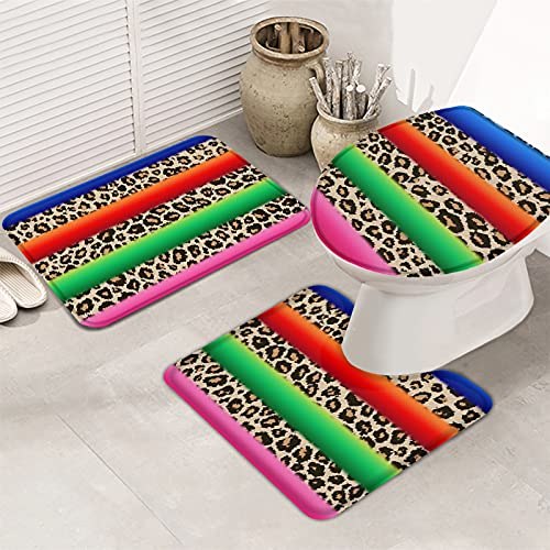 Badematten Set 3 Teilig Brauner Geparden-Leoparden-Druck, Altmodische Tierhaut, Bunte Streifen Weiche Contour Badteppich Wasserabsorbierend Wc-Sitzbezug Duschmatte