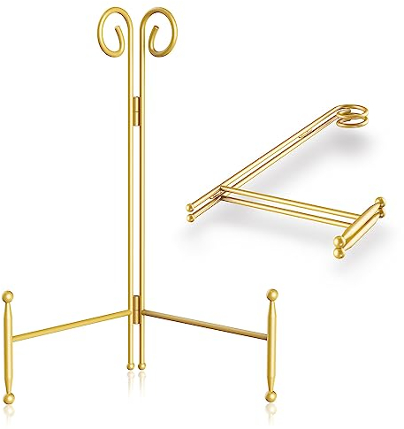 HOPEME Gold Metal Easel Stand for Table, Sturdy Holder for Dish, Decorative Plate, Photo, Picture, Artwork, Card and Wedding Easel - 10-Inch, 1Pack