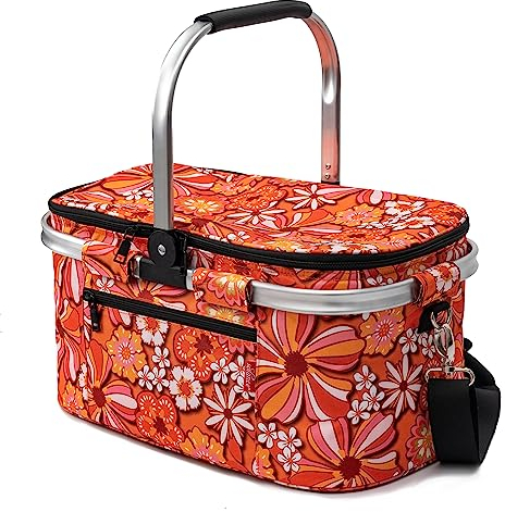 Solance - Cesta Plegable Impermeable Grande para Picnic, Compras o Nevera con Correa - 25 L (Flores Retro)