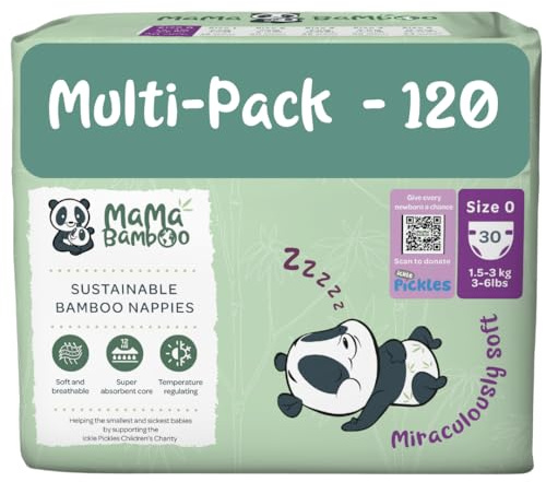 Mama Bamboo Soft, Breathable, Sustainable Bamboo Nappies (Size 0 - Tiny Baby - 1.5-3 kg - 120 Nappies)