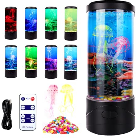 LED Bulle Méduse Jellyfish Lampe,Aquarium Lampe à Laves pour Enfant et Adulte avecTélécommande 8 Couleurs et Petites Pierres Colorées,Méduses Lampe d'Ambiance pour Cadeau Halloween Noël Anniversaire