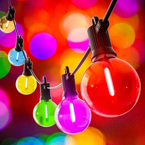 Kawaya Christmas Festoon Lights Mains Powered Outdoor Garden String Lights 15.2m / 50ft with 25 Coloured Bulbs Waterproof LED Fairy Lights for Outside Xmas Fence Party Festival Holiday Decor
