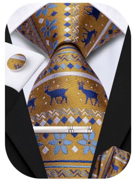 Hi-Tie Herren Weihnachtskrawatte Set mit Krawattenklammer Einstecktuch | Weihnachtskrawatte für Herren Weihnachtsbaum Schneeflocke Rentier Weihnachtsmann Zuckerstange Glocken Schneemann Geschenke