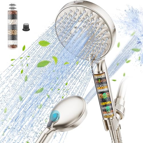 SR SUN RISE Filtered Shower Head with Handheld, High Pressure 9 Spray Mode Brushed Nickel Showerhead with Filters, Detachable Shower Head,Water Softener Filters Beads for Hard Water - Remove Chlorine