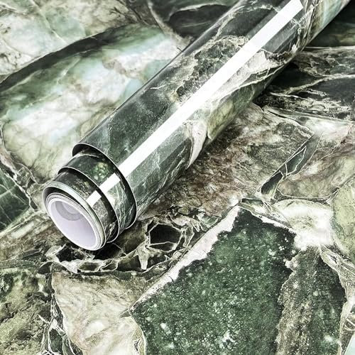 VIOPVERY Papier peint autocollant épais en vinyle noir effet marbre vert 90 x 500 cm pour plan de travail de cuisine, papier peint autocollant épais pour meubles de chambre à coucher