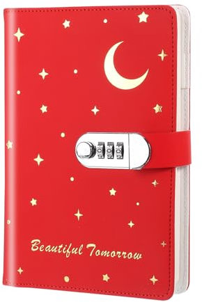 PATIKIL A5 Diary with Lock, Journal with Lock Cute Journaling Leather Notebook Journal 120 Pages Stars Moon Diary with Pen Slot Card Slot Waterproof for Women Gifts, Red