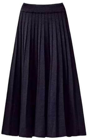 REHJJDFD Gonna lunga plissettata da donna, per autunno e inverno, lavorata a maglia, a vita alta, blu, Nero , Taglia unica
