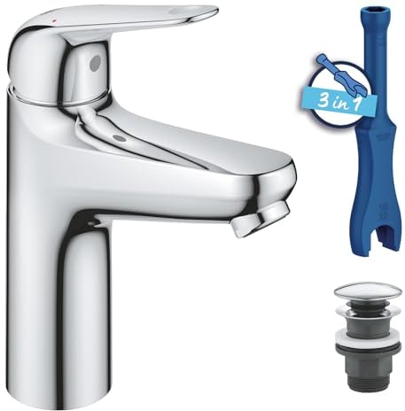 GROHE Swift Mitigeur Monocommande Lavabo, Economie d'Eau, Taille M, Vidage Clic Clac, Installation Facile, Chromé, 24326001