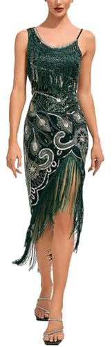 JiJiRuDU Damen 1920er Jahre Vintage Flapper Charleston Kleid mit Pailletten, Fransen und V-Ausschnitt - Gr. XL, Grün - Cocktail, Hochzeit, Gatsby Party, Cocktail Prom, Festive Occasions