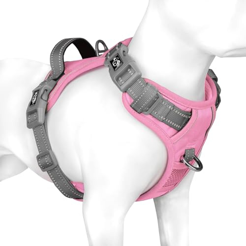 PHOEPET Dog Harness Large Dog, No Pull Vest with Handle, Reflective Strap | (Baby Pink Base & Grey Straps,XL),Easy to Wear & Fully Adjustable, 2 Metal Clips, Quick-Release Buckles,Breathable Padding