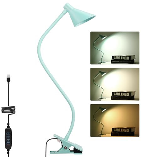 Blue Desk Lamp with Clip, 3 Modes & 10 Dimmable Brightness, Small Reading Light for Bedside, Study, Space-Saving Table Clamp Lamp, USB Plug-in