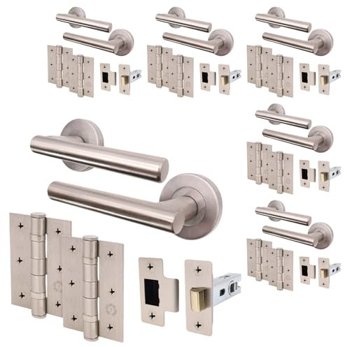 EAI Door Handle Latch Set Satin Nickel - Pack of 6 | Round T-Bar Internal Door Handles, Latch (64mm), Hinges (76mm)| Satin Lever on Rose | Oliena Range
