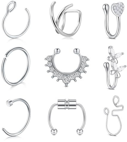 JFORYOU 9 Pièces Acier Inoxydable Faux Anneau Bague de Nez Non piercé Magnétique False Septum Lip Tragus Boucle d'oreille Argent Bijoux de Piercing