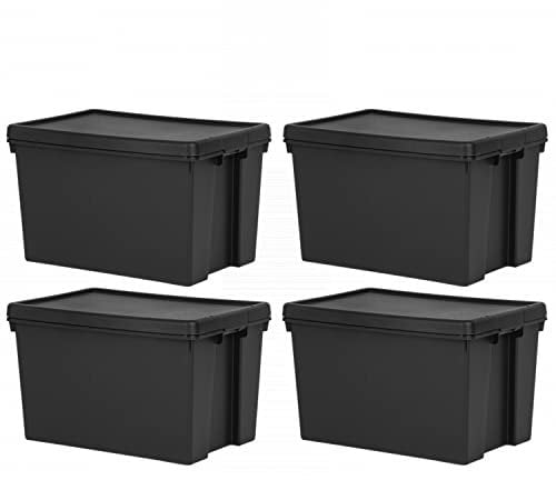 4 X 62L Extra Large Black Wham Bam 100% Recycled Plastic Containers with Air tight Snap Lid Stackable Strong Heavy Duty Storage Box Organiser Toys Shoes Storage Box for Garage Home Office