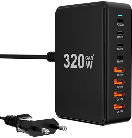 Cargador USB C Multiple: 320W 8-Port USB C Cargador Portátil PD QC Cargador GAN Carga Rapida Adaptador con 4 USB-C y 4 USB-A para Dispositivos USB Tableta y Teléfono