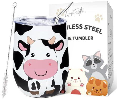NymphFable 12oz Mug Isotherme Vache Mignonne avec Couvercle et Paille Gobelet en Acier Inoxydable Tasse à Eau en Verre sans Tige
