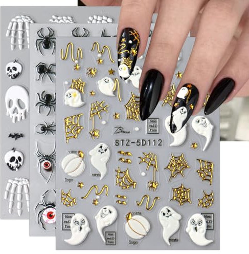 JMEOWIO 3D Embossed Halloween Nail Art Stickers Decals Self-Adhesive 5D Heart Cute Ghost Nail Supplies Nail Art Design Decoration Accessories 4 Sheets