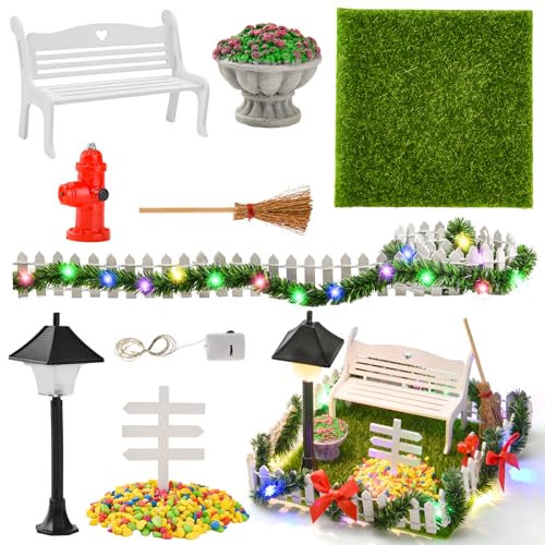 DAOUZL Miniatur Garten Zubehör, 16 Stück Miniatur Wichtel Zubehör, Puppenhaus Mini Weihnachtszaun mit Lichtern,Zaun,Bänke,Straßenlampe,Besen ect, Miniatur Puppenhaus Zubehör Garten